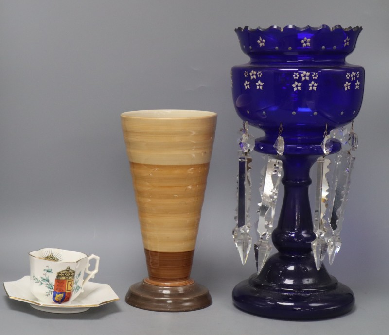 A large 19th century blue glass table lustre, a Shelley vase and a Queen Victoria Golden Jubilee cup and saucer